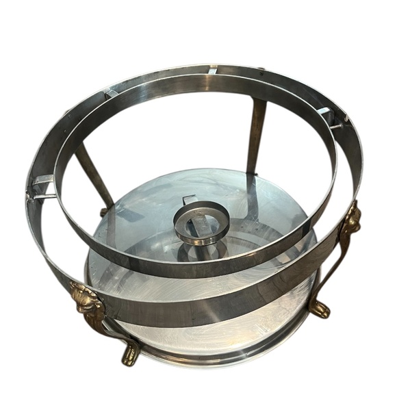 Vintage Silver Plated Steel Lion Head Round Chafer Chafing Dish Brass Legs - Picture 5 of 8